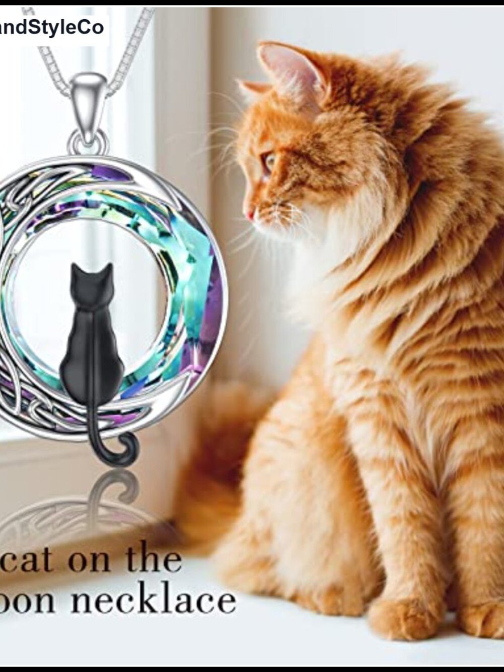 Sterling Silver Cat Moon Pendant Necklace - Picture 3 of 6